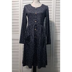 Kilig Polka-dot Midi Dress Women's Black Medium Long Sleeve Faux Button Pockets